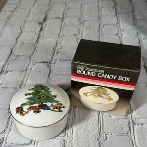 Vintage Fine Porcelain Round Candy Box with Christmas Tree Design Walmart